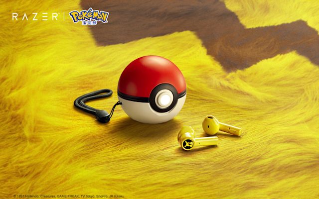 Razer's Pikachu wireless earbuds are stored in a Poké Ball