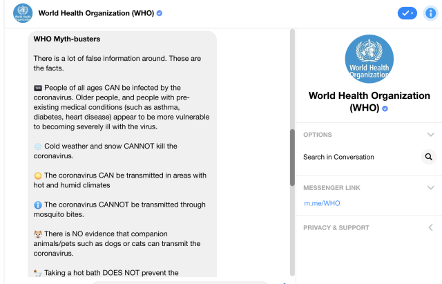 WHO debunks coronavirus misinformation on Facebook Messenger