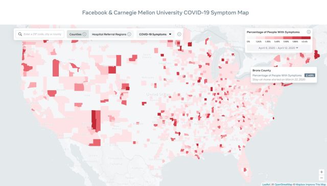 Facebook's interactive COVID-19 map displays symptoms by county